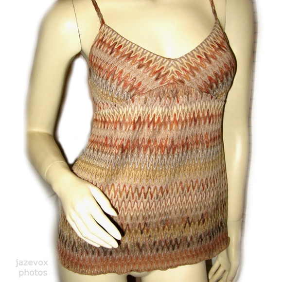 Vintage Y2K Ann Taylor Loft Knit Tank Top Cami Chevron Brown Tan Khaki Boho Chic - Picture 1 of 8